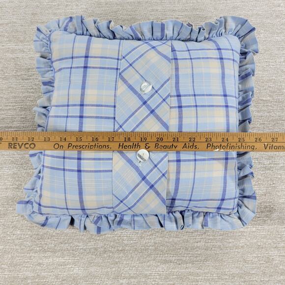 VTG Laura Ashley Emilie Pillow 16" Square Blue Cream Plaid Ruffle Trim Cotton - Picture 16 of 16